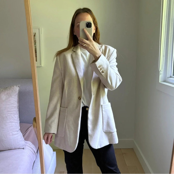 Mango Wool Blend Long Oversized Blazer Light Beige Oatmeal Size M Shoulder  Pads - Picture 2 of 9